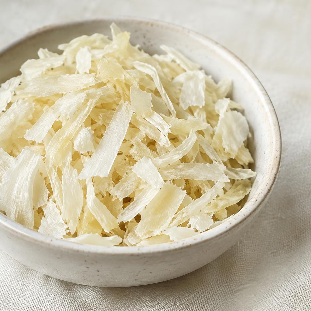 Dehydrated white onion flakes in a ceramic bowl on ivory linen